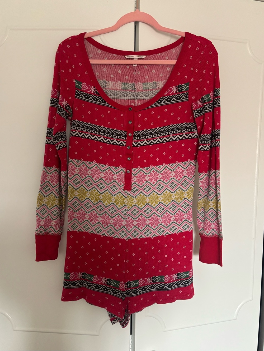 Victoria's Secret Red Patterned Long-Sleeve Henley Pajama Romper